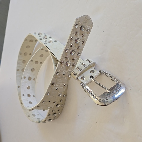 Womens White CLEAR Crystal Bling Sparkle Belt Silver Buckle Sz.M/L